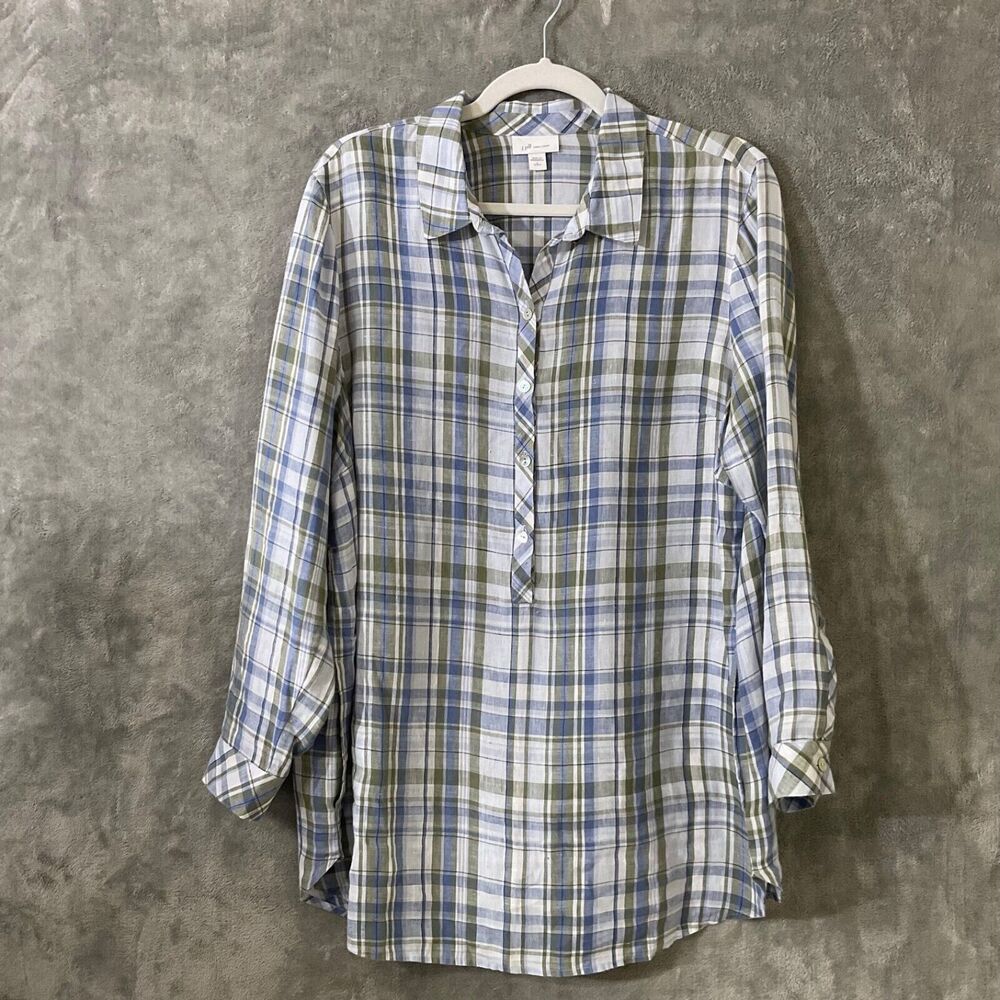 J Jill Love Linen Plaid Popover Blouse women’s size L Blue Coastal minimalist